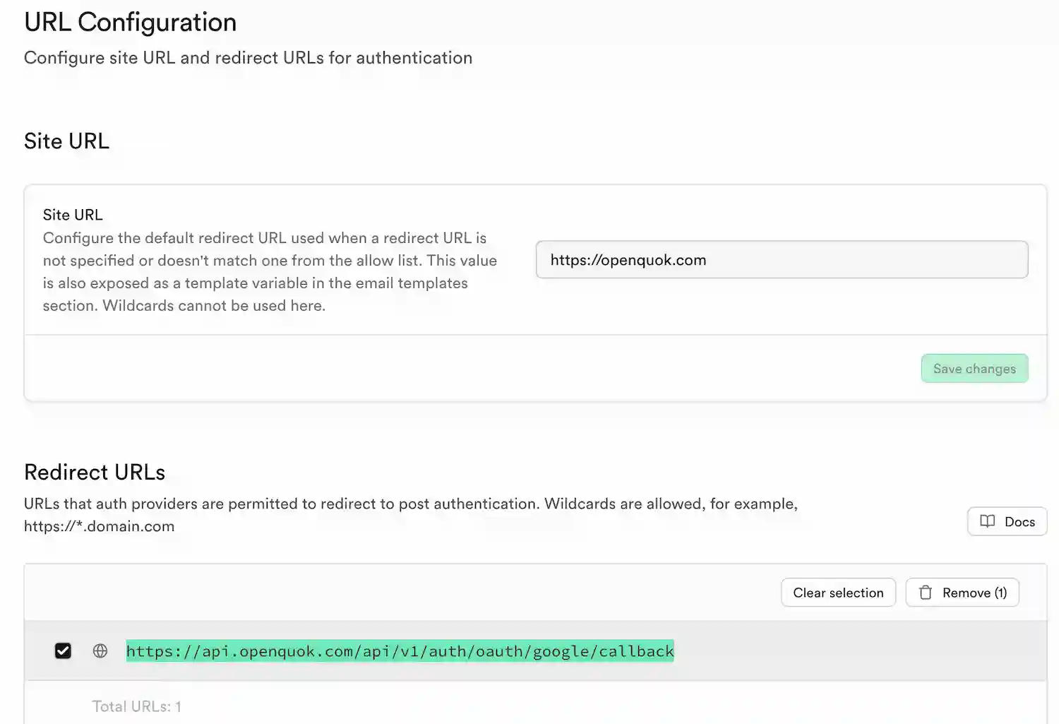 Supabase URL config