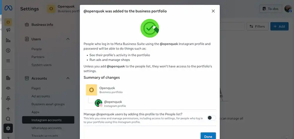 Instagram account added to the business portfolio