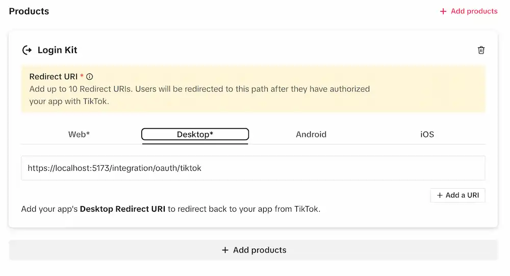 Add Desktop Redirect Url